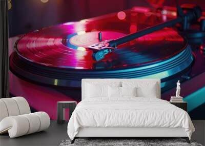 Antique gramophone playing vinyl records with neon lights. ai generated image Wall mural