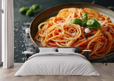 Appetizing classic Italian spaghetti pasta with tomato sauce on a plate on a ceramic table Wall mural