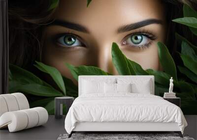 Beautiful young woman's face with natural makeup and green eye behind green leaves while looking at the camera Wall mural