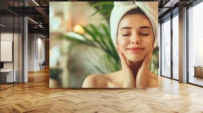 Beautiful young woman getting massage therapy in spa salon. ai generated image Wall mural