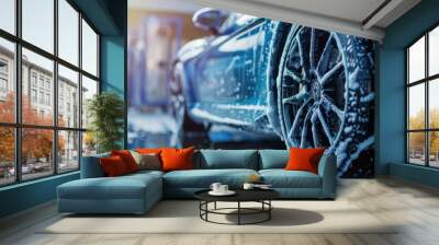 Blue Sports Car Wheels cleaned with shampoo foam in Stylish Car Wash Dealer AI generated image Wall mural