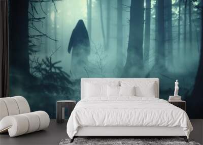 Creepy dark ghost figure moving through foggy forest at night AI generated image Wall mural