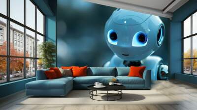 Cute little futuristic robot with round eyes in a blurred laboratory background AI generated image Wall mural