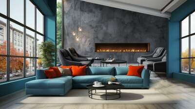 Dark gray contemporary living room interior with fireplace, sofa and armchairs. abstract wall Wall mural