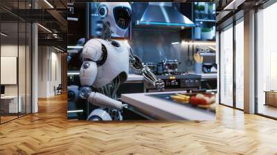 Futuristic robot cooking in smart home kitchen AI generated image Wall mural