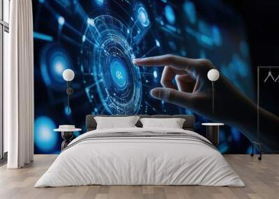 Hand touching complex circular diagram on virtual screen with technology abstract Background, Wall mural