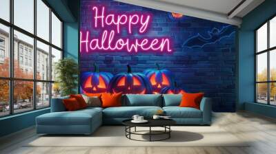 Happy Halloween neon sign with halloween pumpkins on brick wall background AI generated image Wall mural