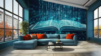 Open book education with abstract binary software programming code background Wall mural