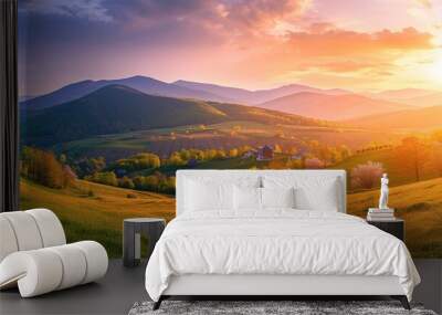 Panorama grassy field and rolling hills at sunset in evening light. Rural scenery Wall mural