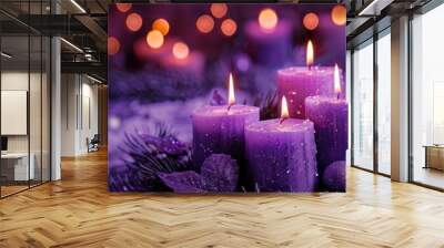 Purple aroma candle at night with blurred Mystery purple background as Catholic symbol. Wall mural