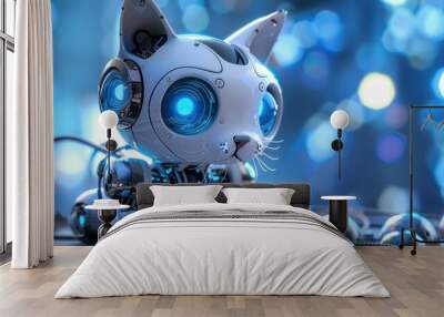 Robot cat on blue science fiction background AI generated image Wall mural