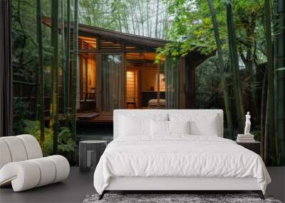 Small house in the middle of a bamboo garden. AI generated images Wall mural