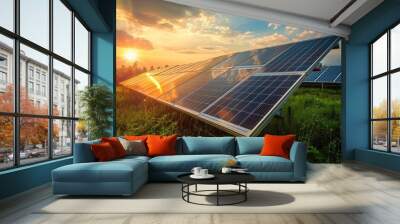 Solar Panel Cells on grass outdoor nature sunset for Alternative energy source AI generated image Wall mural