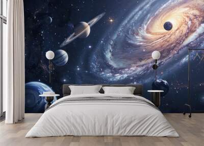 Solar system planets with spiral galaxy background in outer space. AI generated images Wall mural