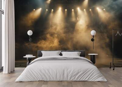 Stage background with copy space showing Empty concert stage with flashing spotlights and smoke Wall mural