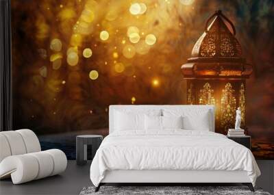 Traditional gold arabic ramadan eid mubarak decoration lantern. AI generated image Wall mural