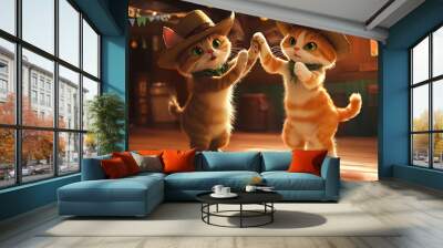 Two adorable cartoon cats dressed as cowboys, dancing with their paws raised, in a dimly lit saloon setting. Wall mural