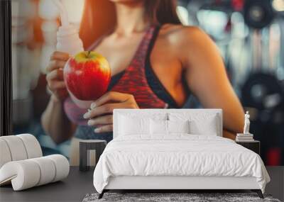 Woman exercising in fitness gym taking a break holding an apple. ai generated image Wall mural