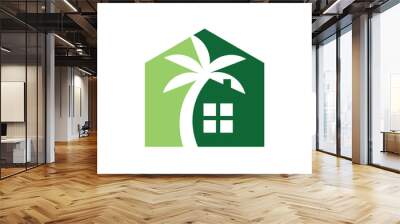 creative logo design of house and palm tree, holiday, vacation, beach, logo design template, symbol, icon, vector, creative idea. Wall mural