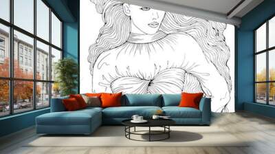 Vector hand drawn portrait of sexy fashionable woman with long wavy hair. Pattern for coloring book A4 size. Coloring book for adults. Wall mural