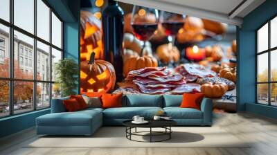 A Festive Photo of a Halloween Table Set with Pumpkins and Autumn Vines for a Joyful Gathering Wall mural