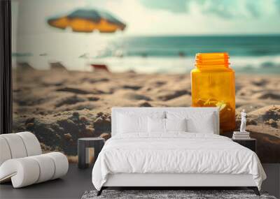 A yellow bottle with pills and supplements on the sand with umbrella, skin protection and aligned with a healthcare concept. generative AI Wall mural