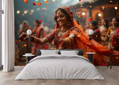 An Indian woman, adorned in traditional attire and jewelry, gracefully engages in traditional dance during a wedding celebration. Generative AI Wall mural