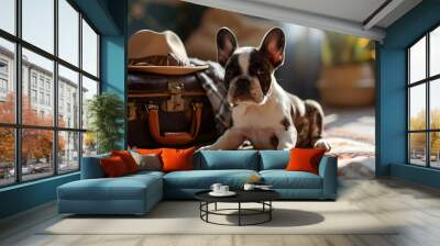 Cute French Bulldog puppy sits in a suitcase and travels with pets while traveling. generative AI Wall mural