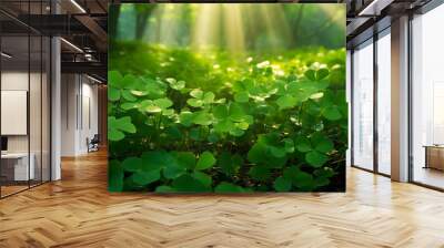 Horisontal background for Saint Patrics day. A field of green clovers or shamrocks, morning light. Generative AI Wall mural