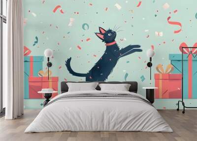 Minimalist Illustration of a Joyful Cat's Birthday Celebration with a Cute Kitten, Gift Box, and Festive Design Wall mural