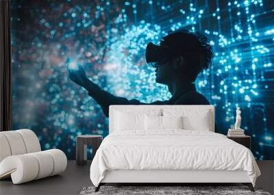 Neon Future: Man Interacts with VR Technology in Silhouette Wall mural