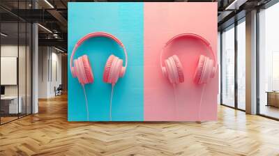 Pink and Blue Headphones: Modern Podcast Technology and Fun Design - Two Earphones for Entertainment and Relaxation Wall mural