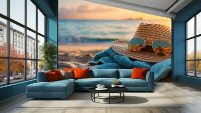 Summer Essentials: Closeup of Sunglasses, Straw Hat, and Towel on Beach Wall mural