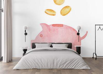 Watercolor piggy bank illustration. Money concept. Illustration for design, print or background Wall mural