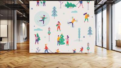 Beautiful vector winter season pattern featuring Christmas holidays outdoor activities. Abstract people making snowman, carrying xmas trees on sleigh, carrying gift boxes, ice skating, playing, etc. Wall mural