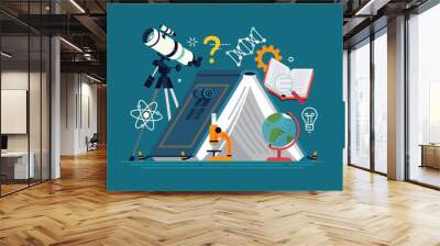 Cool flat design graphic element on science camp with telescope, microscope, science themed graphic elements and a camping tent in the shape of open book Wall mural