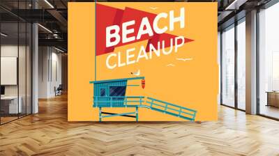 Cool vector beach cleanup concept design with lifeguard tower Wall mural