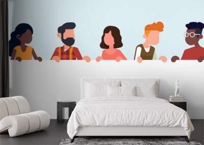 Diverse group of abstract people holding empty white horizontal banner, flat style vector concept on collective message Wall mural