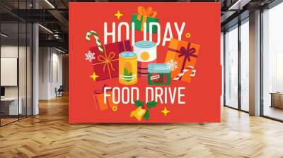 Holiday food drive themed poster or banner design. Winter season charity food bank vector concept illustration with canned food, candy canes and gift boxes Wall mural