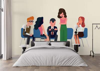 Quality vector concept illustration on peer support group or therapy class with men and women sitting round listening to each other's stories and life problems Wall mural