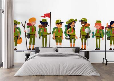 Summer camp scouts together. Cool vector character design on diverse group of scouts wearing uniform, neckerchiefs, carrying backpack and camping gear. Flat design illustration on summer camp kids Wall mural