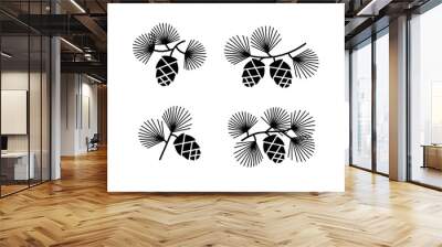 Cedar or pine cones on branches with needles. Vector black illustrations set isolated on white background. Wall mural