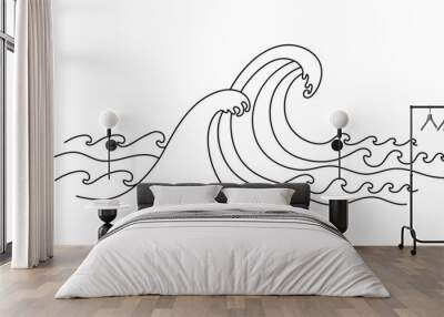 Sea waves line drawing. Big waves. Vector illustration isolated on white. Wall mural