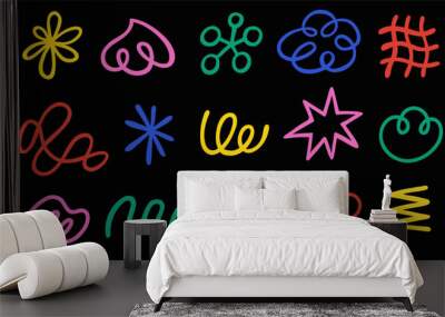 Set of hand drawn various shapes and doodle objects. Abstract elements isolated on a black background. Wall mural