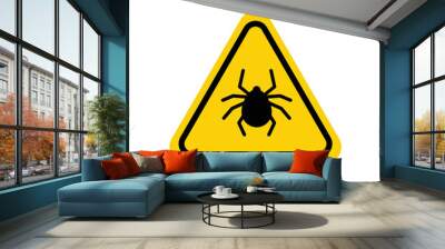 Tick warning sign. Yellow triangle with black mite silhouette in line frame. Vector isolated on white. Wall mural