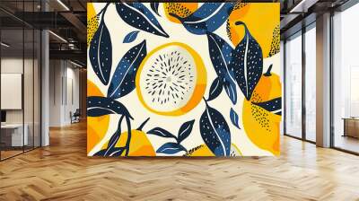 abstract seamless pattern with lemons, circles, dots. Stylized citrus fruit repeated background. Colorful endless print for fabric or paper. Wall mural