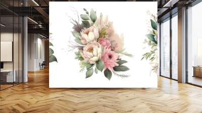 Set of floral branch. Flower pink rose, green leaves. Wedding concept with flowers. Floral poster, invite. Vector arrangements for greeting card or invitation design Wall mural