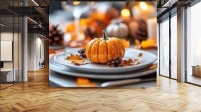 Autumn place setting with ceramic pumpkin, Thanksgiving day Wall mural