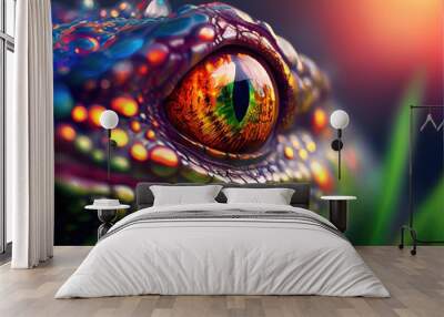 Eye of multicolor lizard on blurred background close-up, oil paint. Generative AI Wall mural