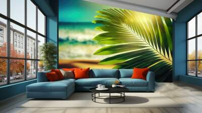 Large green leaf of palm tree on blurred background of sea and sandy beach. Generative AI Wall mural